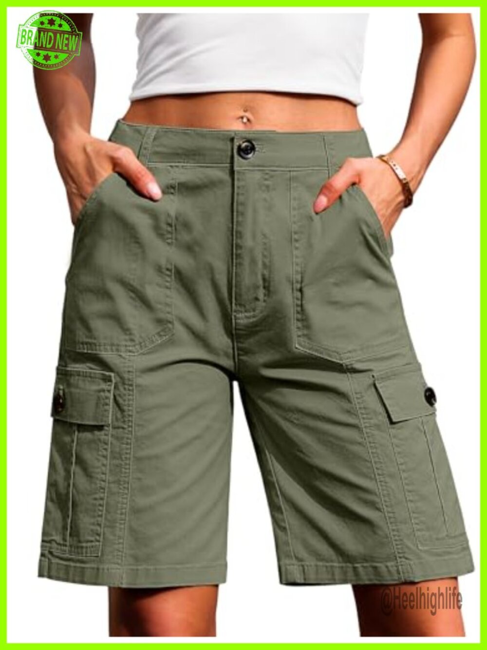 Bermuda Cargo Shorts Women High Waisted 9in Inseam Stretch Relaxed Fit